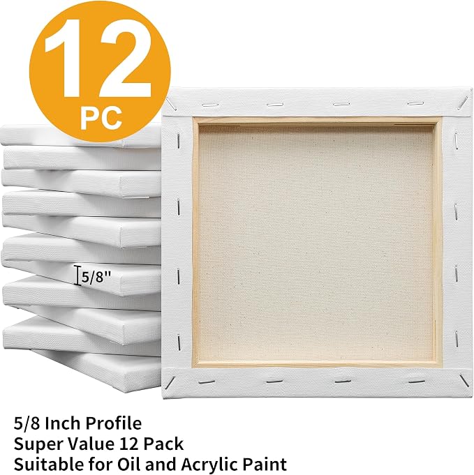Stretched White Blank Canvas- 8x8 Inch,Bulk Pack of 12,Primed,100% Cotton,5/8 Inch Profile of Super Value Pack for Acrylics,Oils & Other Painting Media. - Image 3