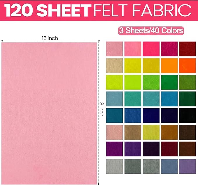 Reginary 120 Pcs 8 x 16 Inch Felt Sheets Bulk for Craft 40 Assorted Color Felt Fabric Squares Stiff Paper for Back to School Festival Holiday DIY Craft Sewing Patchwork - Image 3