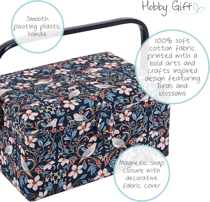 Hobby Gift Medium Sewing Box Organiser, Fabric Covered Storage Box with Handle, Internal Tray, Pin Cushion and Pocket for Sewing, Quilting and Knitting Supplies - Image 6