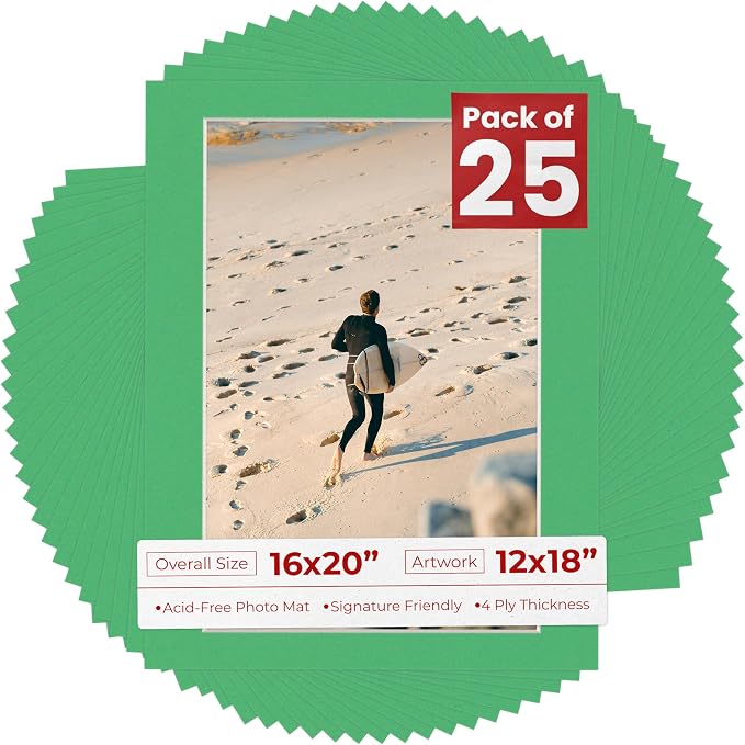 12x18 Mat for 16x20 Frame - Precut Mat Board Acid-Free Bright Green 12x18 Photo Matte For a 16x20 Picture Frame, Premium Matboard for Family Photos, Show Kits, Art, Picture Framing, Pack of 25 Mats by PosterPalooza