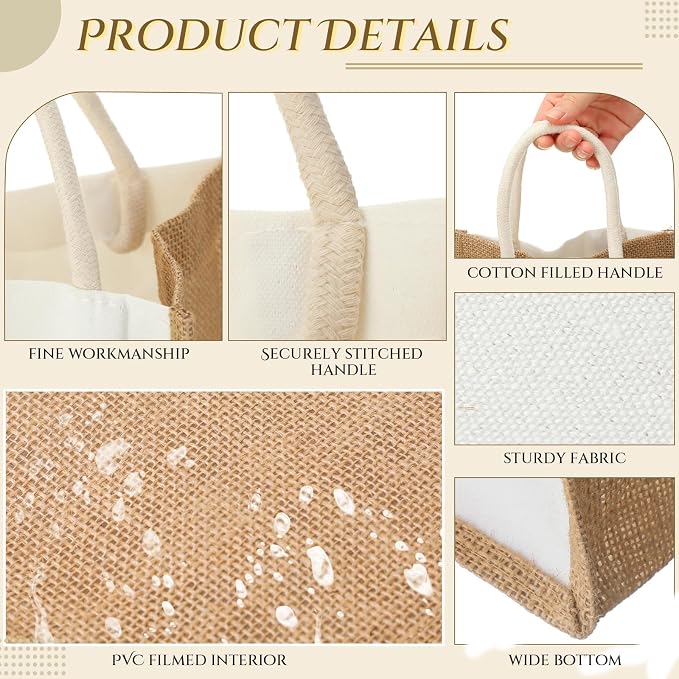 12 Pcs Burlap Tote Bag Mini Jute Reusable Bag with Handles Small Blank Canvas Gift Waterproof for Wedding Beach DIY - Image 4