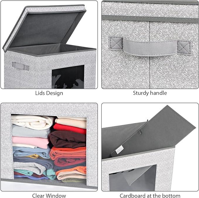 Univivi Fabric Storage Bins with Lids for Closet, 4 Pack, Grey | Fabric Foldable Storage Boxes, Sturdy Collapsible Storage Bins with Clear Window, Storage Bins for Home, Closet, Shelves - Image 4