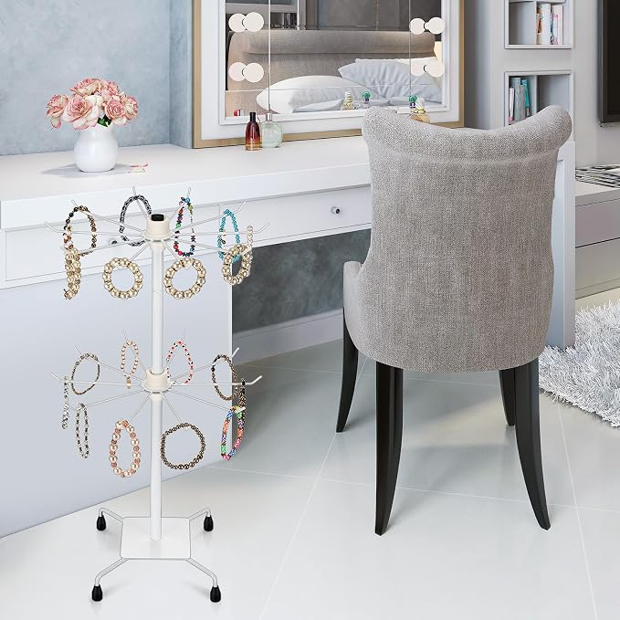 BBTO 2 Pcs Rotating Display Stand Jewelry Display Rack with Hooks Metal Earrings Stand for Vendors Necklace Bracelet Selling(White,19.69 x 11.8 Inch) - Image 6
