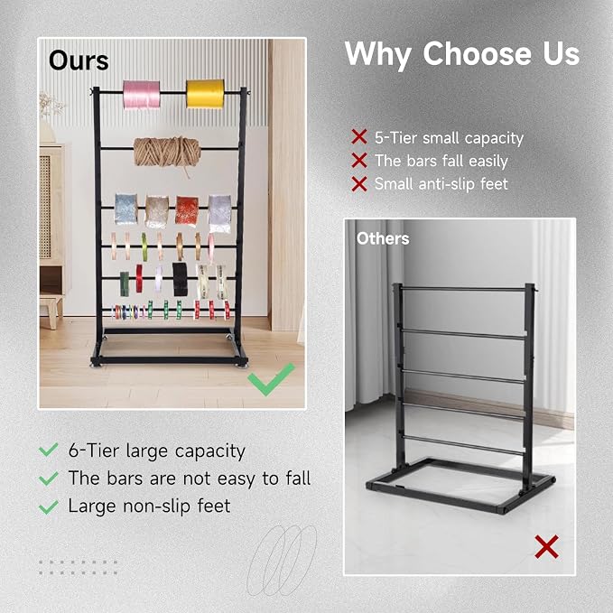 6-Tier Ribbon Holder, Height Adjustable Metal Spool Organizer, Countertop | Large capacity, for flower store, craft room, cake shop, gift wrapping, paper storage - Image 3