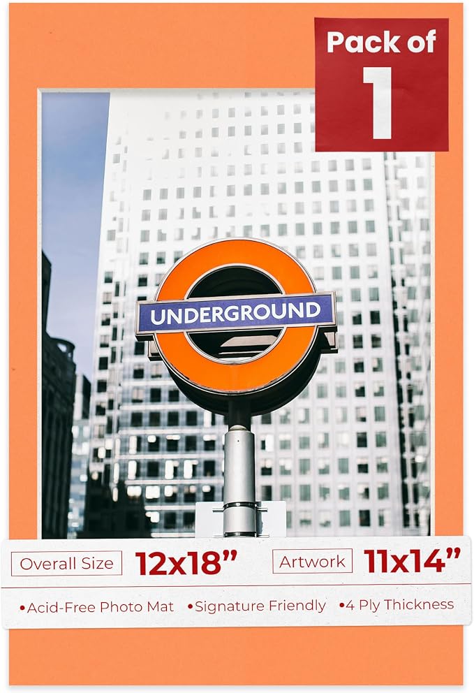 11x14 Mat for 12x18 Frame - Precut Mat Board Acid-Free Show Kit with Backing Board, and Clear Bags Orange 11x14 Photo Matte Made to Fit a 12x18 Picture Frame Matboard for Framing, Pack of 1 Mat by PosterPalooza