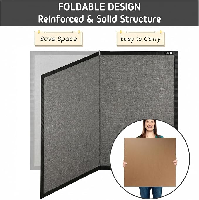 Gideal Large Bulletin Board 48 x 48, Cork Boards for Walls | Foldable Cork Board with Black Pine Frame & Grey Linen Surface, Wall Mounted Pin Board for Home Office, Classroom, Kitchen - Image 3
