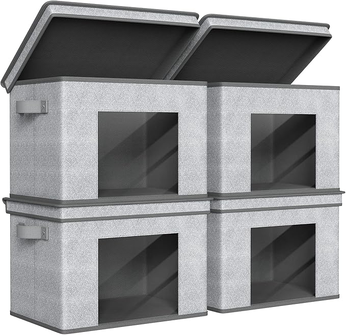 Univivi Fabric Storage Bins with Lids for Closet, 4 Pack, Grey | Fabric Foldable Storage Boxes, Sturdy Collapsible Storage Bins with Clear Window, Storage Bins for Home, Closet, Shelves by Univivi