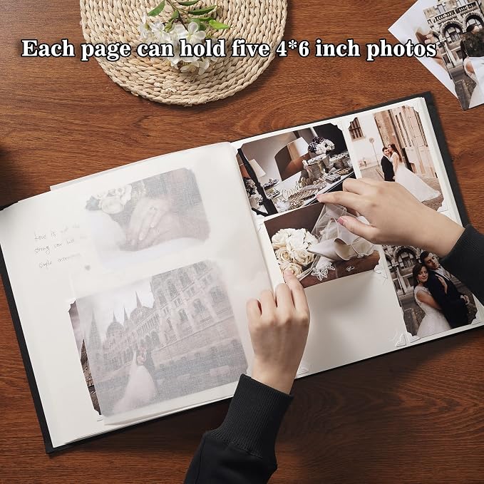 Pssoss Large Linen DIY Scrapbook Album with Writing Space, 100 Pages, Black | Fits 3x5, 4x6, 5x7, 6x8, and 8x10 photos for baby, wedding, family, children, anniversary, and memory keeping. - Image 3