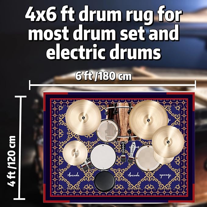 Aucuda Blue Drum Rug 4x6ft Drum Mat Outdoor, Tightly Woven Fabric Cool Drum Set Carpet with Non-Slip Grip Bottom, Electric Drum Accessories for Studio, Apartment, Soundproof, Guitar, No Crease.