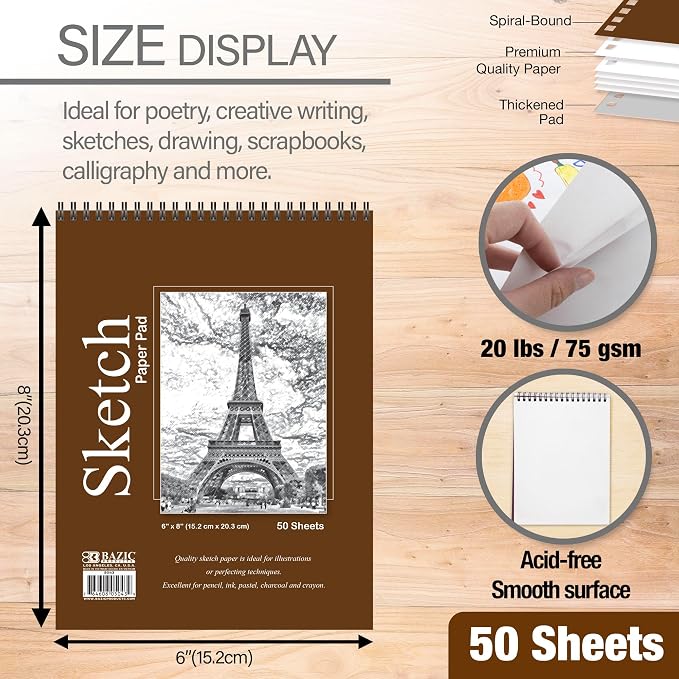 BAZIC Sketch Pad 50 Sheet 6" X 8", Top Bound Spiral Sketchbook Drawing Pads, Sketching Paper Coloring Book for Artist Kids School, 1-Pack | 50-sheet spiral sketch pad, smooth drawing paper for sketching, shading - Image 2