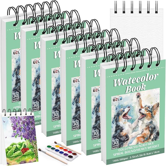 6 Pack Watercolor Paper Pad, 3.5x5.5 Inch Water Color Paper, 140lb/300gsm, Cold Press, Acid-Free, 180 Sheets Spiral Bound Watercolor Paper Pad for Wet & Dry Media, Ideal for Adults, Artists by UZLUbuywithconfidence
