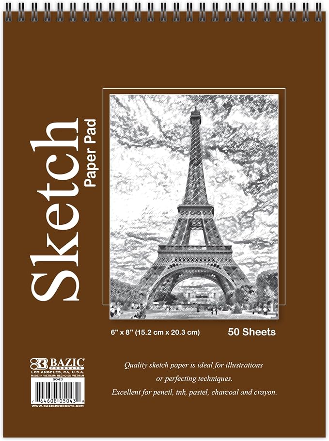 BAZIC Sketch Pad 50 Sheet 6" X 8", Top Bound Spiral Sketchbook Drawing Pads, Sketching Paper Coloring Book for Artist Kids School, 1-Pack | 50-sheet spiral sketch pad, smooth drawing paper for sketching, shading by BAZICProducts