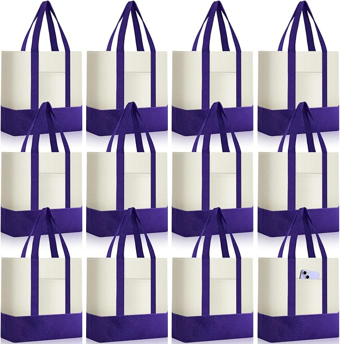 Sanwuta 12 Pcs Mini Canvas Tote Bags Bulk with Pocket Small Sublimation Blank Canvas Tote Reusable Grocery Bag for Women, DIY Craft (Purple) by Sanwuta