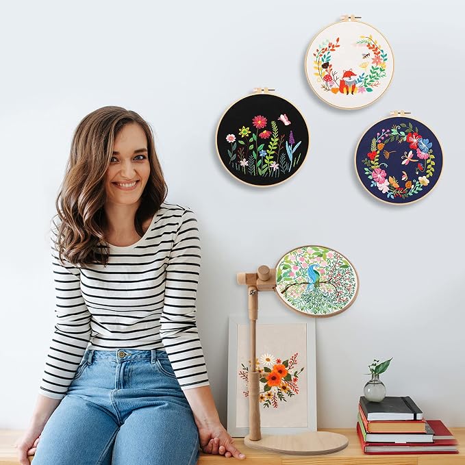 ZOCONE Beech Wood Embroidery Hoop Stand with 2 Pcs 6'' 8'' Embroidery Hoops | Natural Wooden Adjustable Rotated Embroidery Stand, Embroidery Hoop Holder for Cross Stitch and Embroidery Project - Image 6
