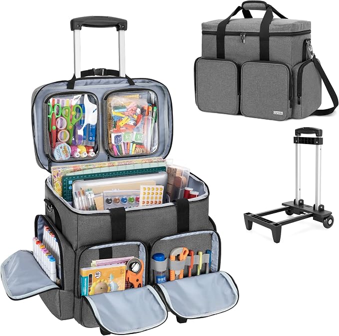 Rolling Scrapbook Bag, Craft Tote with Wheels for Paper, Ablum, Gray | Crafts Supplies Tote with Wheels, with 2 detachable zipper pouches, Removable Bottom Board, Shoulder Straps, Large Capacity by CURMIO