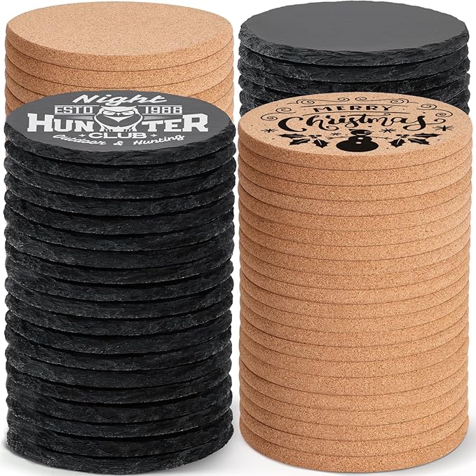 100PCS Round Slate and Cork Drink Coasters Bulk for Laser Engraving | 4 Inch Natural Blank Black Stone, Cork Coasters, 50PCS Each, Engravable Materials for Beginners, Gifts, Wedding, Crafts, DIY by MAPRIAL