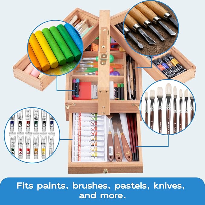Falling in Art Artist Supply Storage Box, Three Layer Art Storage Tool Box | Portable Beechwood Toolbox with Drawer for Paints, Brushes, Pastels, Pens, and Markers - Image 5