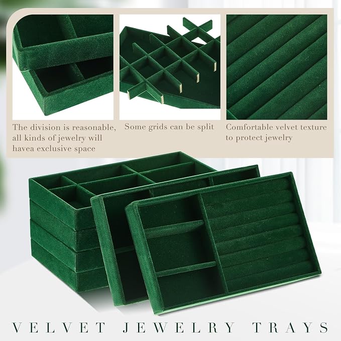 18 Pcs Jewelry Drawer Organizer Inserts, Stackable Jewelries Inserts for Dresser Drawers, Drawer Insert Organizers Velvet Jewelry Trays for Rings Earring Bangle Necklace(Dark Green) - Image 3