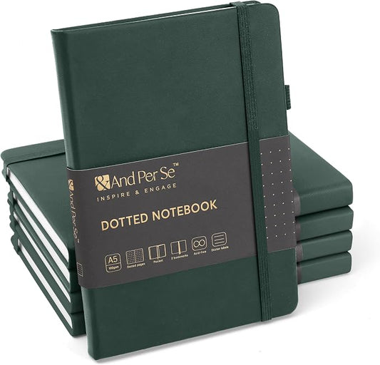 &And Per Se Dotted Journal Notebook (5 Packs), A5 Hardcover Leather Dotted Journal, 160 Pages 100 gsm Thick Paper, 3 Sheets of Stickers Included- 5.7'' x 8'' (Green by AndPerSe