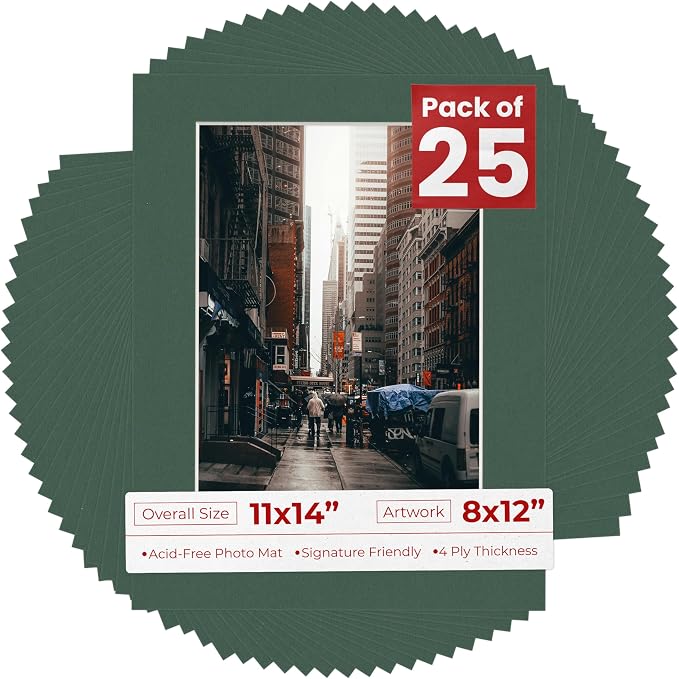 8x12 Mat for 11x14 Frame - Precut Mat Board Acid-Free Hunter Green 8x12 Photo Matte For a 11x14 Picture Frame, Premium Matboard for Family Photos, Show Kits, Art, Picture Framing, Pack of 25 Mats by PosterPalooza