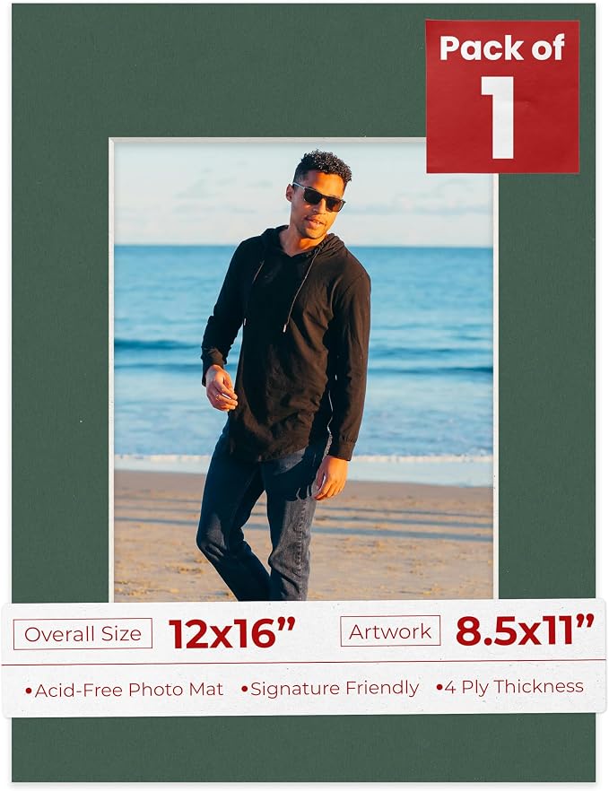 8.5x11 Mat for 12x16 Frame - Precut Mat Board Acid-Free Hunter Green 8.5x11 Photo Matte For a 12x16 Picture Frame, Premium Matboard for Family Photos, Show Kits, Art, Picture Framing, Pack of 1 Mat by PosterPalooza