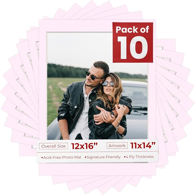 11x14 Mat for 12x16 Frame - Precut Mat Board Acid-Free Show Kit with Backing Board, and Clear Bags Soft Pink 11x14 Photo Matte Made to Fit a 12x16 Picture Frame Matboard for Framing, Pack of 10 Mats by PosterPalooza