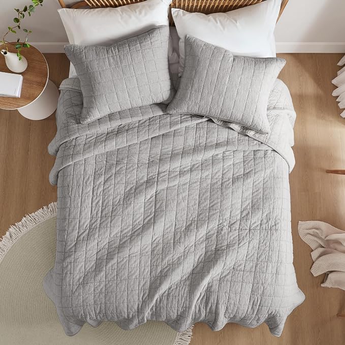 Hyde Lane Linen Quilt Set King Size, Grey - Breathable Box-Stitch Coverlet | 55% Flax Blend Front, Soft Cotton Backing, Machine Washable, Gets Softer After Every Wash - Image 7