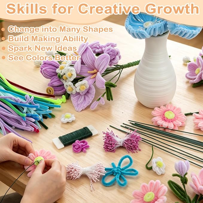 3600 Pcs Pipe Cleaners Craft Bulk Multi-Color Chenille Stems Art Supplies with 50 Flower Stems 5 Tape 10 Glue and 4 Stamens for DIY Arts and Crafts Projects Flowers Decorations (36 Colors) - Image 3