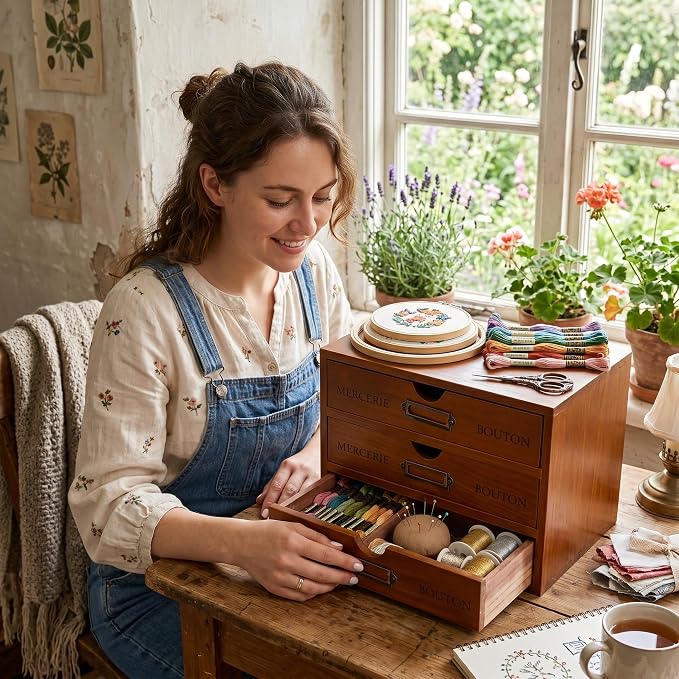Wesiti Wooden Desk Organizer, 3 Drawers, Vintage Makeup Cabinet, Brown | Rustic Drawer Storage for Office, Home, Craft Room, Jewelry, Sewing Supplies, Apothecary Desktop Box, Pre-assembled Decor - Image 4