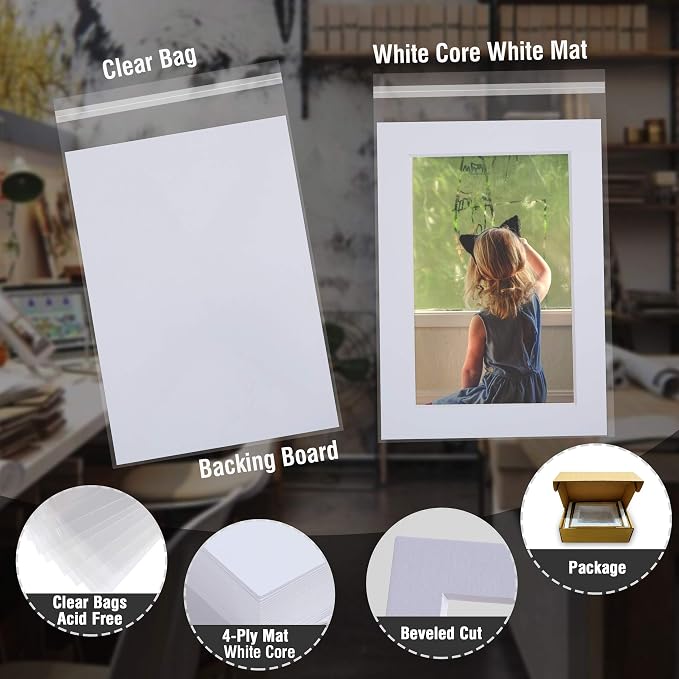 Falling in Art Acid Free 8x10 Pre-Cut Picture Mat Board Kit for 5x7 Photo | Includes 25 White Core Bevel Cut Mattes, 25 Backing Boards, 25 Crystal Clear Bags - Image 4