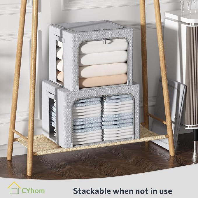 CYhom Clothes Storage Bins Box - Linen Fabric Foldable Stackable Container Organizer Set with Clear Window & Carry Handles & Metal Frame (Light Grey, Medium-36L) - Image 6