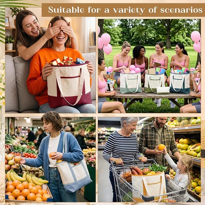 Sanwuta 24 Pcs Canvas Tote Bags Bulk with Outer Pocket and Makeup Pouch 18'' Reusable Grocery Bags with Handles for Women Beach DIY (Boho) - Image 7