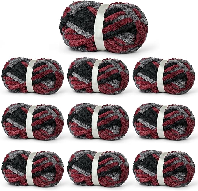 Chunky Jumbo Chenille Yarn Multicolor 10 Pack | 2000g/240yds Super Bulky Baby Soft Yarn for Hand Knitting Fluffy Chunky Knit Throw Blanket Yarn by Sekafris
