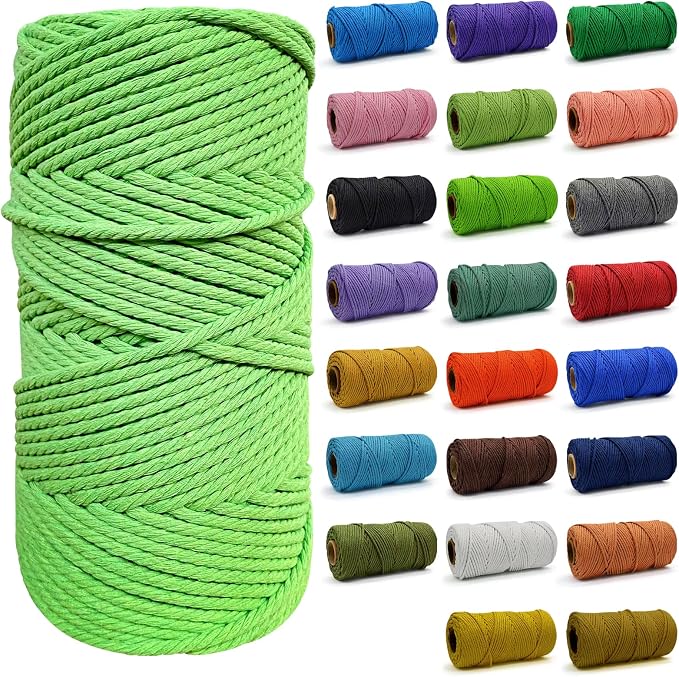Macrame Cord - Natural Unbleached Macrame Rope - 4 Strand Twisted Cotton Rope for Wall Hanging，DIY Craft Making，Plant Hangers，Knotting Decorative Projects (Apple Green, 4mm x 220Yards) by FocusoncottonHdviai
