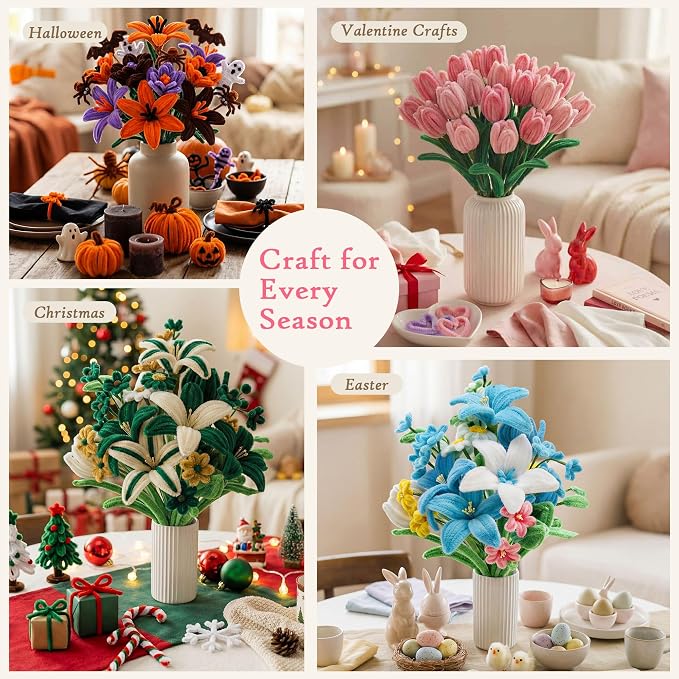 Zeniith-Living 800-Piece Pipe Cleaner Flower Kit, 12 Vibrant Colors | All-in-One Flower Craft kit, Step-by-Step Video Tutorial, Soft Bendable Stems, for Holidays, Gift and DIY Friendly - Image 5