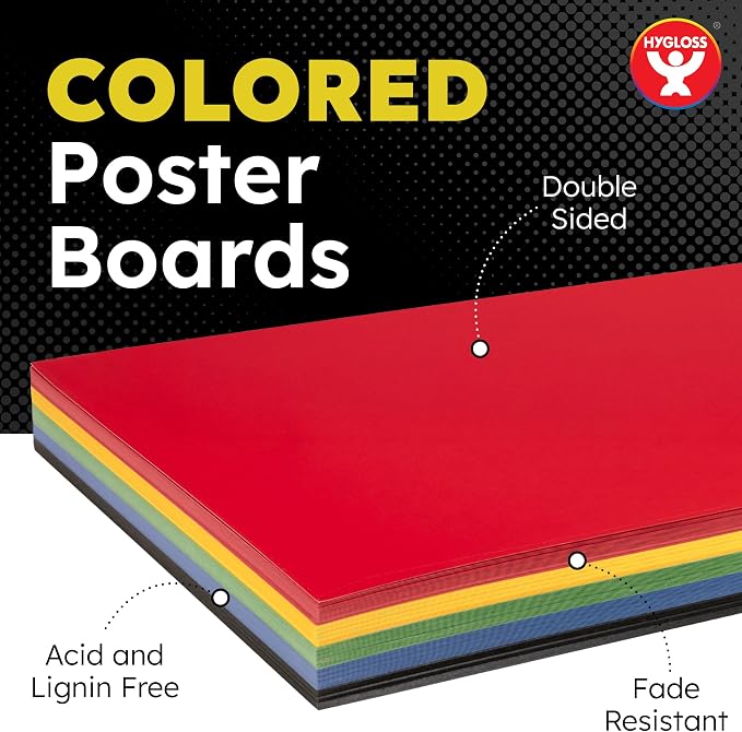 Hygloss Medium Colored Poster Board 11x14-25 Assorted Standard Color Bulk Pack - Red, Yellow, Green, Blue, Black - 10 Pt. Thickness Poster Board Paper, Posterboard Multipack 11" x 14" - Image 2
