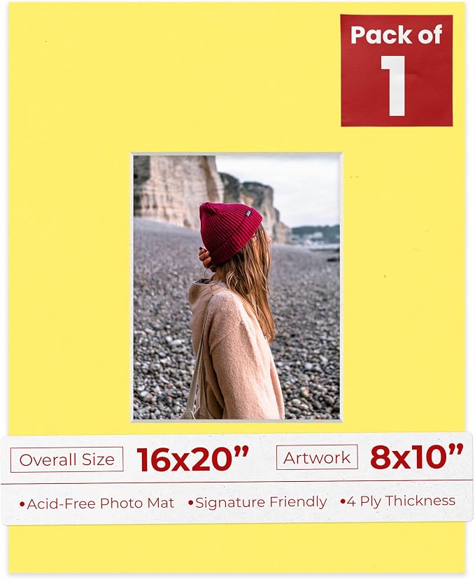 8x10 Mat for 16x20 Frame - Precut Mat Board Acid-Free Yellow 8x10 Photo Matte Made to Fit a 16x20 Picture Frame, Premium Matboard for Family Photos, Show Kits, Art, Picture Framing, Pack of 1 Mat by PosterPalooza