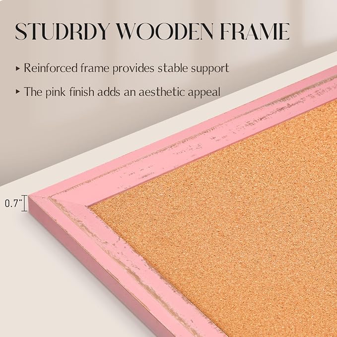 Cork Board Bulletin Board, 36"x24" Corkboard for Wall | Pink Wooden Frame, Decorative Pin Board, Message Board, Notice Board, Vision Board for Home, Office, Kitchen - Image 3