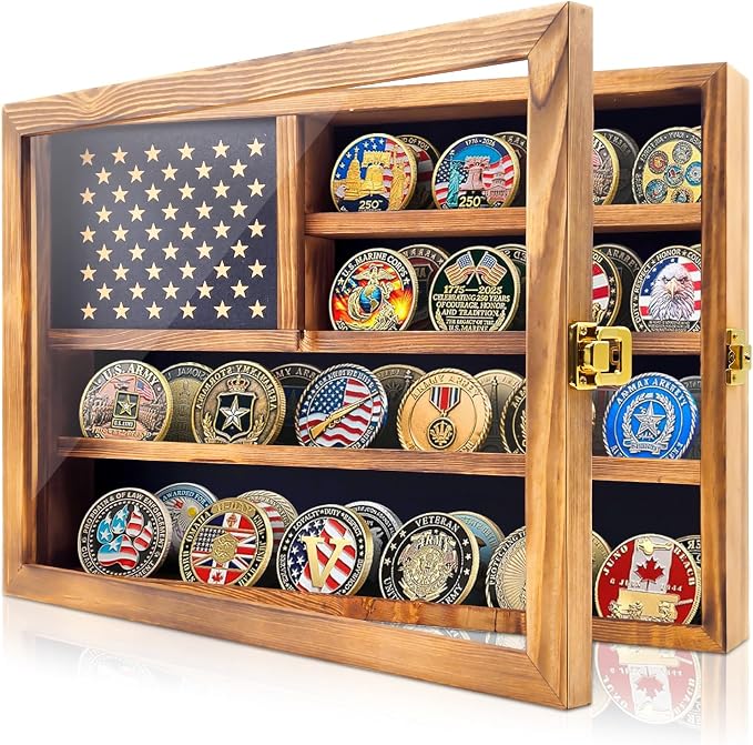 Challenge Coin Display, Solid Pine Wood Military Coin Holder Display, Holds Up to 65 Coins, Lockable Wall Mounted Coin Display Case with Removable Star Panel & Clear Acrylic Door - Image 2