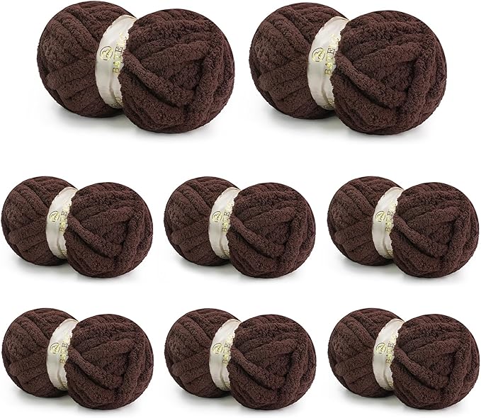 Chunky Yarn for Hand Knitting, Chunky Chenille Blanket Yarn for Crocheting, Bulky Soft Fluffy Chenille for Blanket Project, 8 Pack of 8oz/25yds, Dark Brown by BATELO