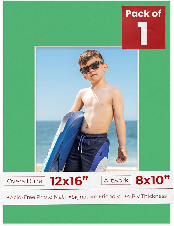 8x10 Mat for 12x16 Frame - Precut Mat Board Acid-Free Bright Green 8x10 Photo Matte For a 12x16 Picture Frame, Premium Matboard for Family Photos, Show Kits, Art, Picture Framing, Pack of 1 Mat by PosterPalooza