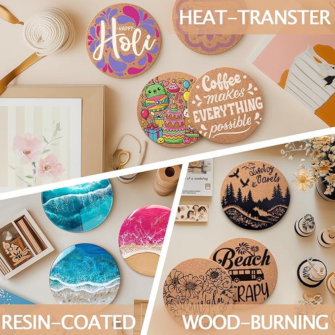 100 PCS Cork Coasters for Laser Engraving, Thick Absorbent Blank Coasters | 4 Inch Heat Resistant Coffee Table Coaster Bulk Plant Saucers Home Decor for Wood Burning, DIY Crafts, Wedding, Party, Round - Image 6