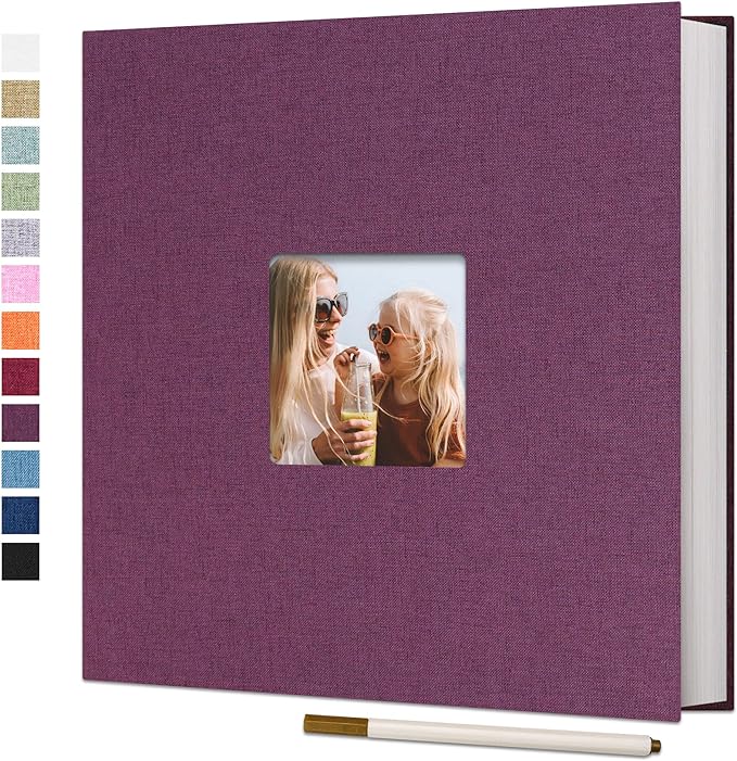 Vienrose Self Adhesive Photo Album with Window 13x12.6 60 Pages Purple | Linen Cover, Scrapbook, Fits 4X6 8X10 10X12 Pictures, Metallic Pen, Diy by Vienrose