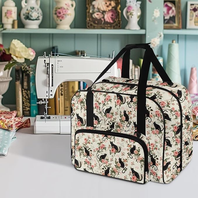 Sewing Machine Carrying Bag Universal Travel Tote Bag Portable Sewing Machine Dust Bag Large Capacity Storage Bag for Most Standard Size Sewing Machines and Accessories, Retro Black Cat Rose - Image 2