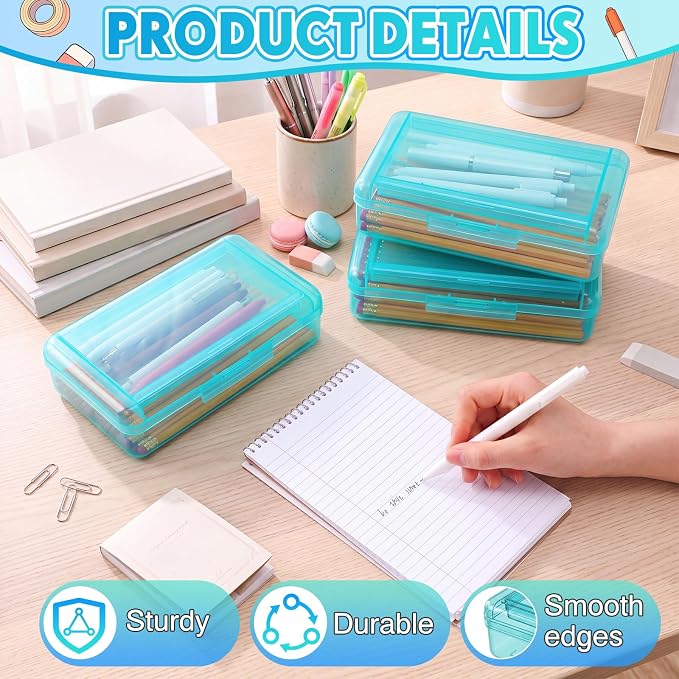 Blulu 6 Pack Double Layer Pencil Boxes Large Capacity,Teal | with Snap-tight Lid Plastic Pencil Cases Pen Storage 8 x 5 x 2 in for Back to School Supplies Stationery Donation Office Home - Image 4