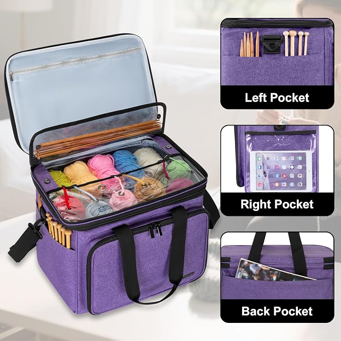 Teamoy Crochet Bag, Knitting Bag Yarn Storage Tote, Yarn Organizer, Purple | Yarn Holder for Crocheting, with Inner Divider and Cover, for Yarn Skeins, Project, Knitting Needles, and Crochet Supplies - Image 3