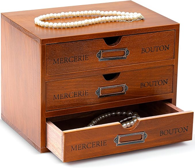 Wesiti Wooden Desk Organizer, 3 Drawers, Vintage Makeup Cabinet, Brown | Rustic Drawer Storage for Office, Home, Craft Room, Jewelry, Sewing Supplies, Apothecary Desktop Box, Pre-assembled Decor by Unteilti