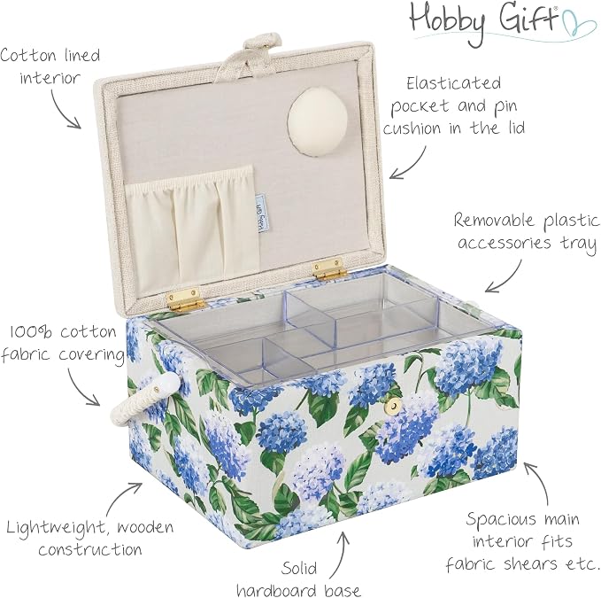 Hobby Gift Medium Sewing Box Organiser | Fabric Covered Storage Box, Handle, Internal Tray, Pin Cushion and Pocket, For Sewing, Quilting and Knitting Supplies - Image 3