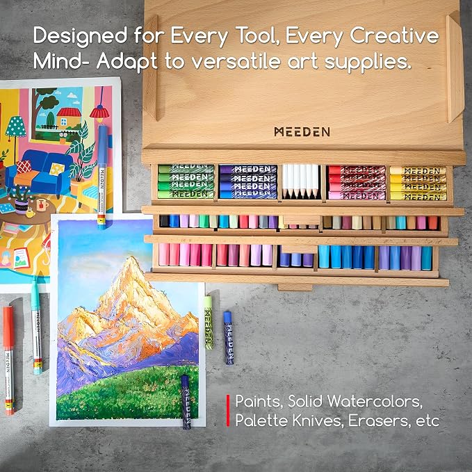MEEDEN Artist Storage Supply Box: 3-Tier Solid Beech Wood for Artist Supplies with Removable Dividers - Tool Storage Organizer Case for Brushes, Pastels, Pencils, Erasers - Image 2