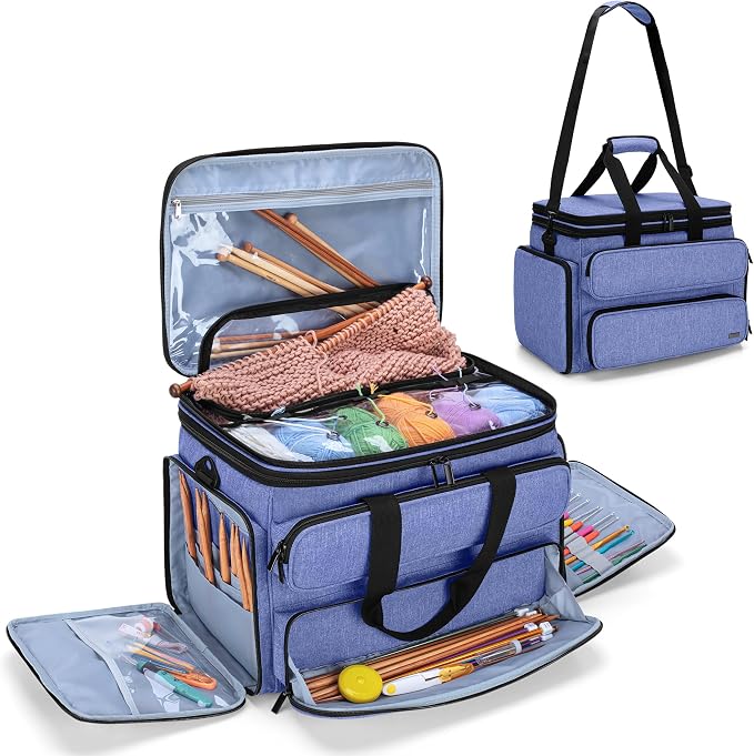 Yarwo Large Crochet Bag Knitting Tote, Yarn Storage Bag with Shoulder Strap | Organizer for Knitting Needles & Crochet Hook(Up to 14”), Clear Top Lid, Unfinished Project Compartment, 4 Yarn Holes, Blue by Yarwo